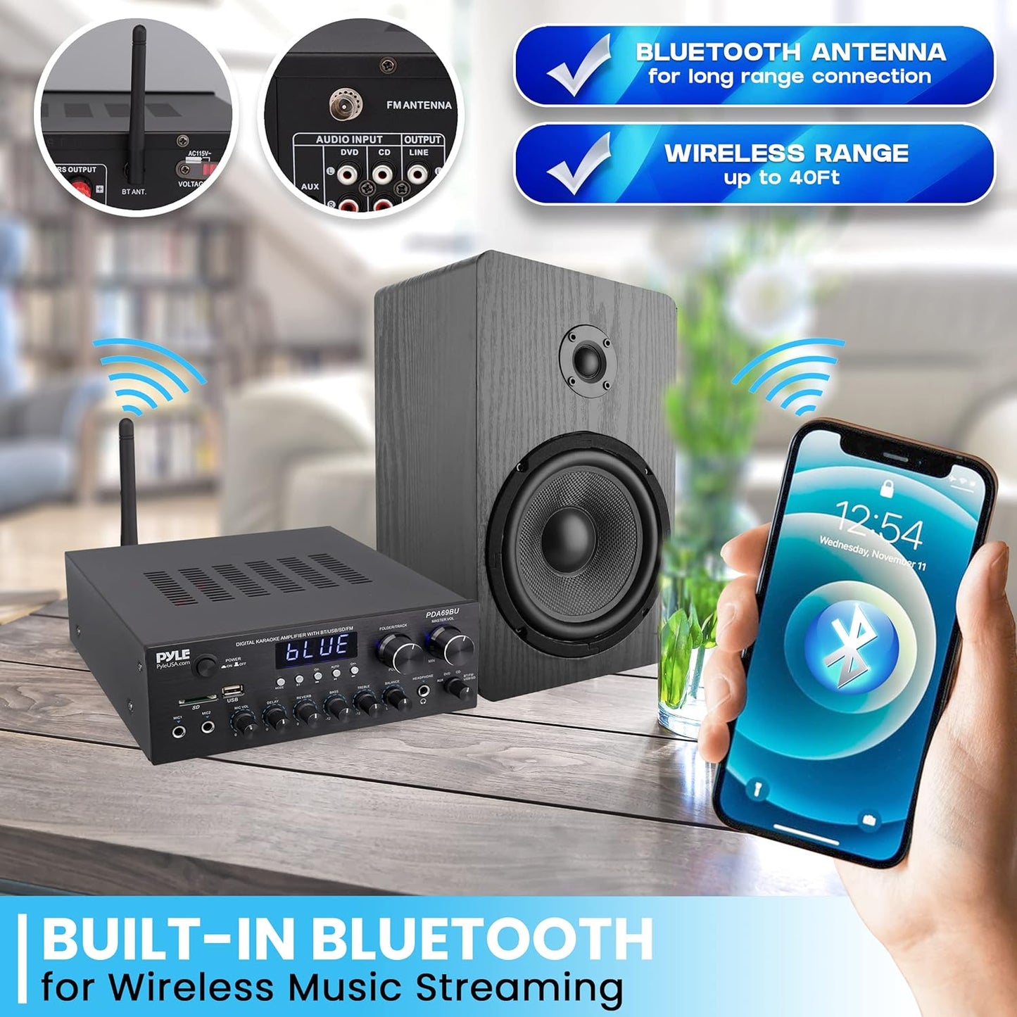 Pyle Stereo Amplifier Audio Receiver with Remote Control - Bluetooth Streaming, MP3/USB/SD/FM Radio, 2.0 Channel HiFi Sound System with RCA/Aux Inputs, Microphone & Headphone Jacks, Adjustable Bass