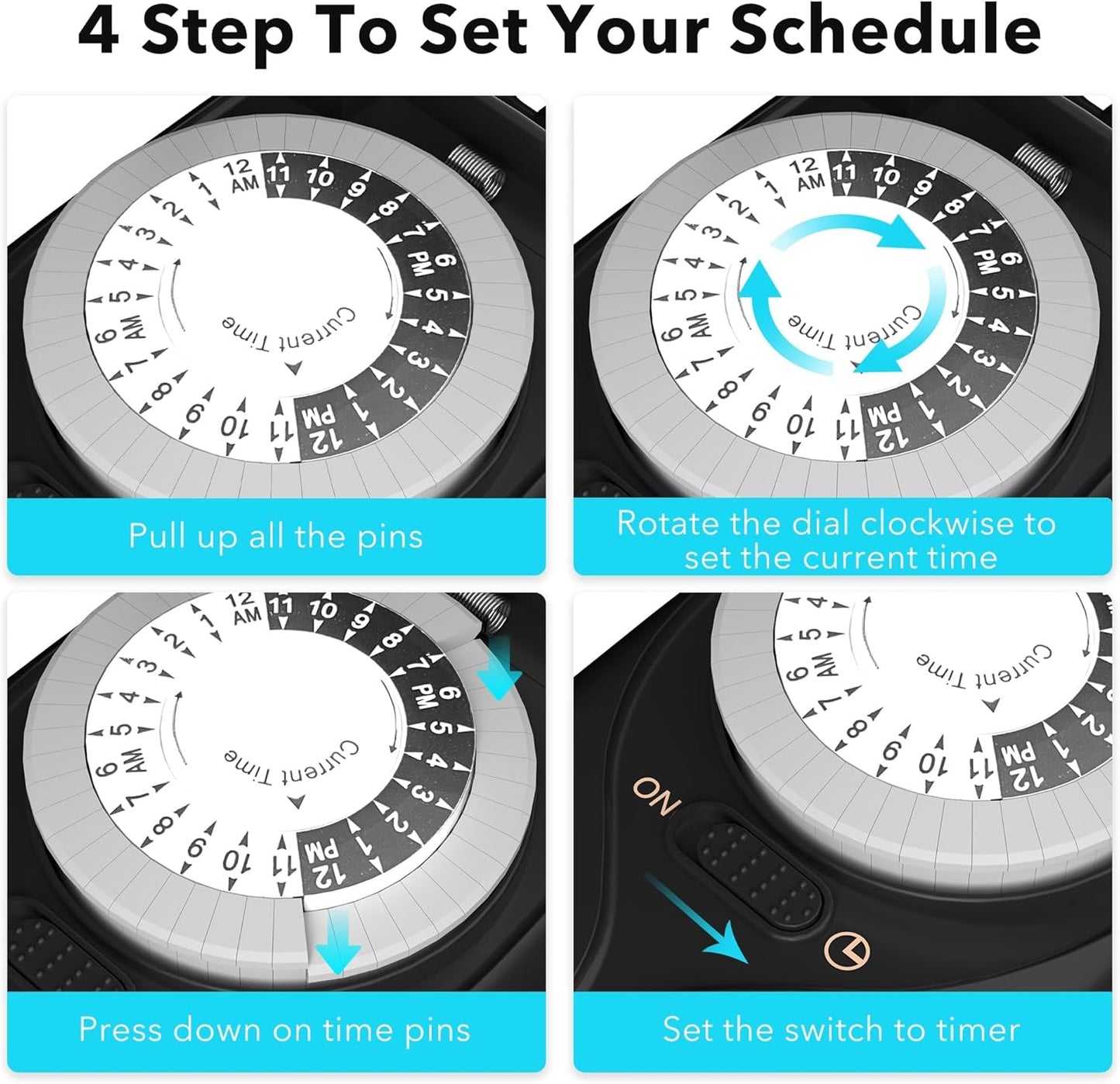 HBN Outdoor Timer Outlet Waterproof, 24 Hour Mechanical Light Timers for Electrical Outlets Outdoor Weatherproof, 2 Grounded Outlets for Christmas Lights, Holiday Decorations, 15A 1/2HP