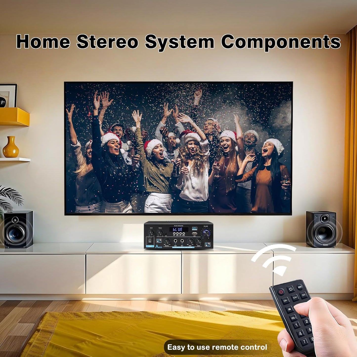 AK55 Bluetooth 5.0 Amplifier Home Audio,2.0 Channel Max 450W Power Stereo Amplifier Receiver w/USB/AUX/RCA/Opt/COA /2 MIC in for Home Theater Speakers