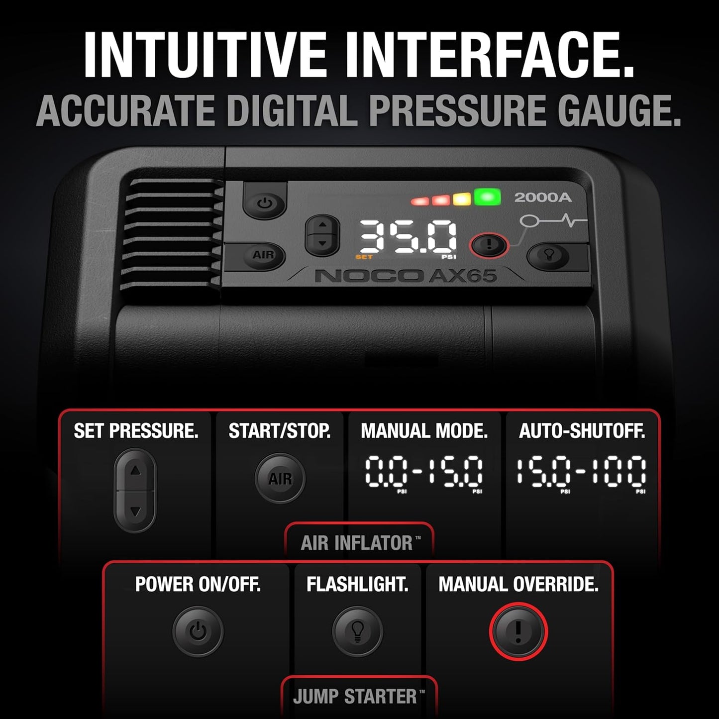 NOCO Boost+Air AX65: 2000A Jump Starter with Air Compressor Tire Inflator – Starts 8.0L Gas & 6.0L Diesel – 67 SLPM Airflow Inflates 0–40 PSI in 2 Minutes