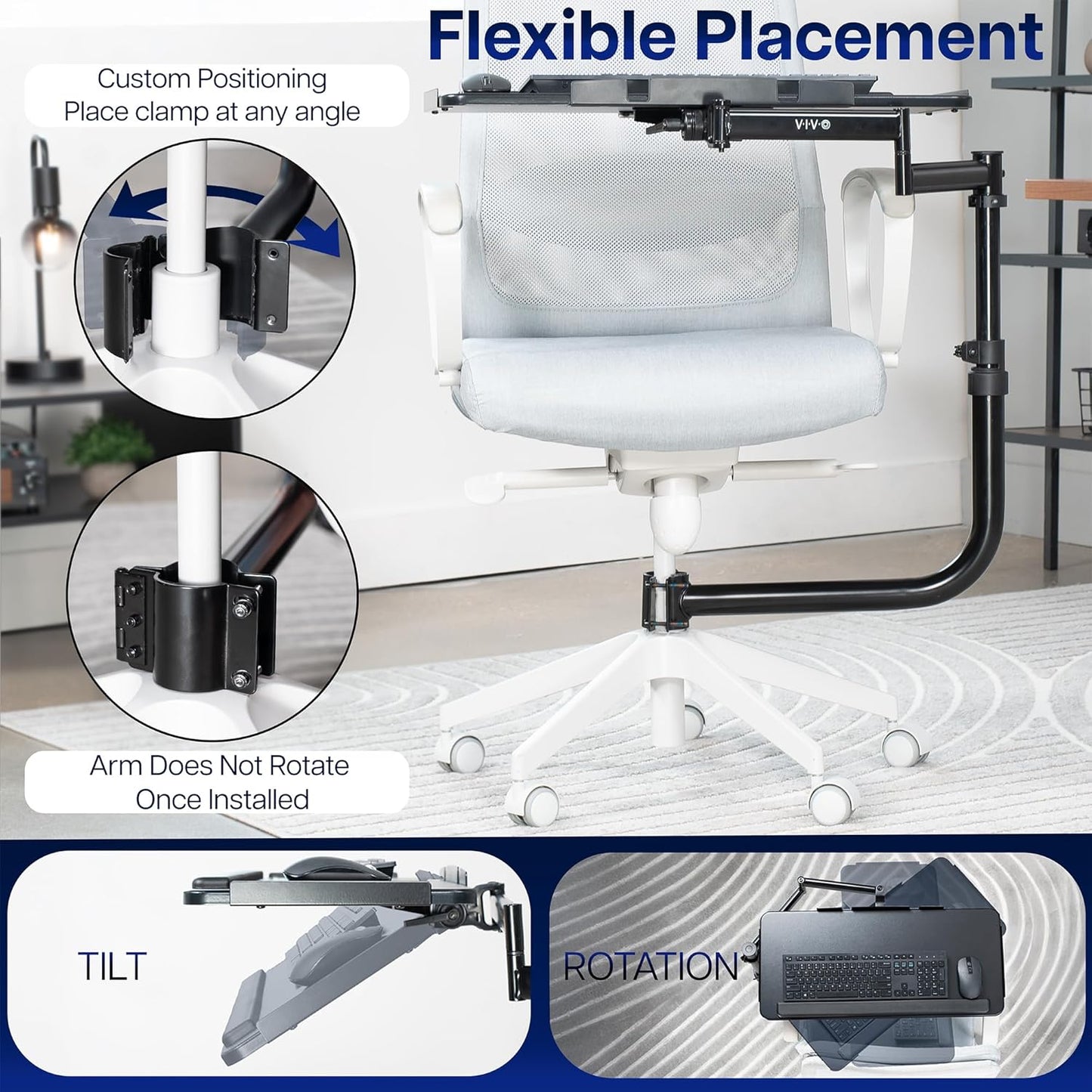 VIVO Office Chair Mounted 26 x 12 Inch Keyboard and Mouse Tray, Ergonomic Tilt, Full Motion 360 Degree Rotation, Black, MOUNT-KB18CP