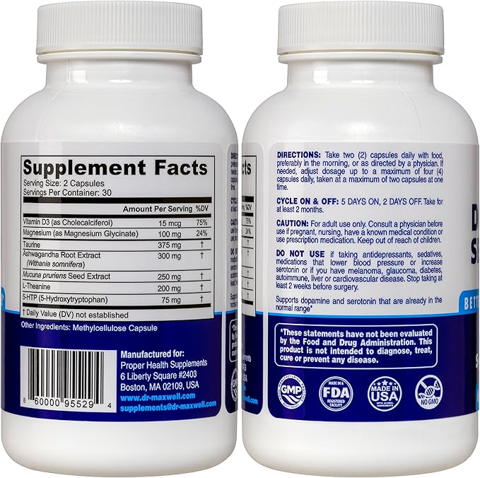 Serotonin and Dopamine Supplements, Better Than Dopamine or Serotonin Support Only. Helps Maintain Normal Neurotransmitter Levels. Mucuna Pruriens, 5-HTP, 60 Capsules Women Men