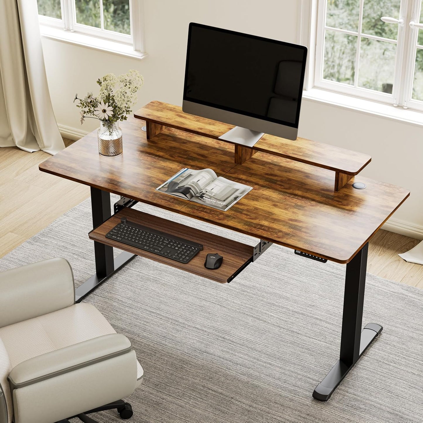 EUREKA ERGONOMIC Adjustable Keyboard Tray Under Desk, 28x11 Inch Large Slide Out Keyboard & Mouse Platform Tray, Wooden Pull Out Computer Keyboard Drawer for Typing Home Office Desk, Walnut