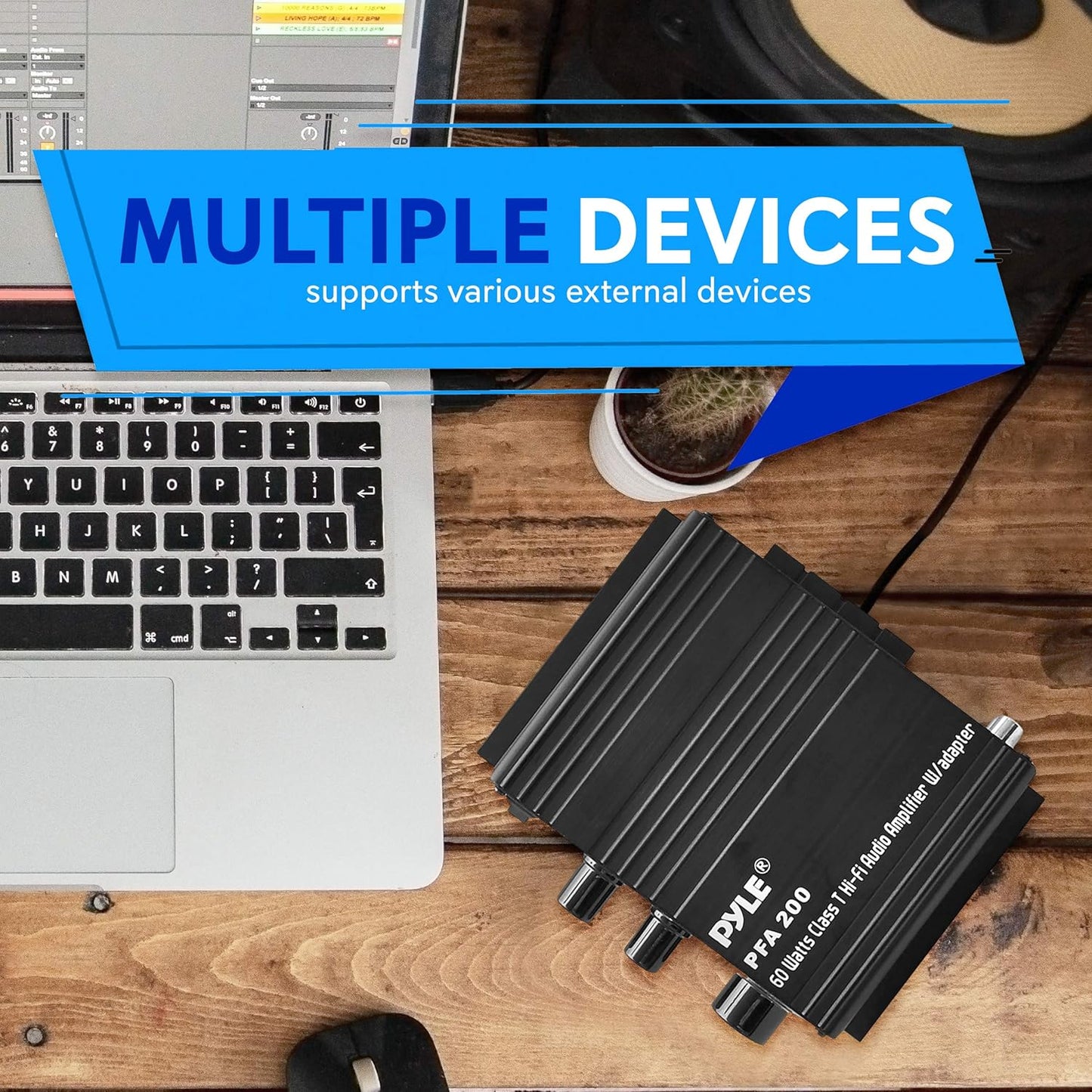 Pyle Home Mini Audio Amplifier - 60W Portable Dual Channel Surround Sound HiFi Stereo Receiver w/ 12V AC Adapter, AUX, MIC IN, Supports Smart Phone, iPhone, iPod, MP3 For 2-8ohm Speakers - Pyle PFA200