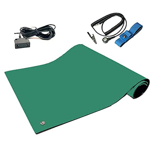 RubberStat Dual Layer ESD Compliant Workstation Rubber Table Mat Kit, Soldering, Cell Phone Repair, with Wrist Strap Set and Ground Cord - 30"x72" Green