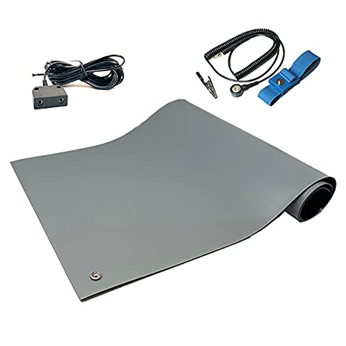 RubberStat Dual Layer ESD Compliant Workstation Rubber Table Mat Kit, Soldering, Cell Phone Repair, with Wrist Strap Set and Ground Cord - 30"x60" Grey