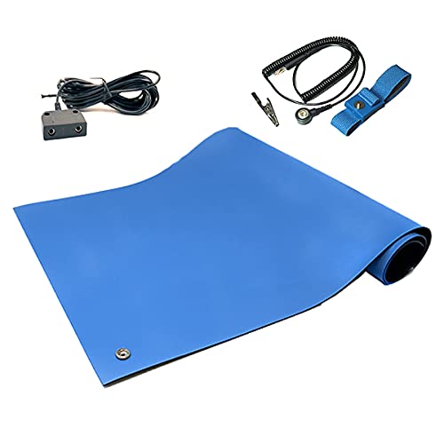 RubberStat Dual Layer ESD Compliant Workstation Rubber Table Mat Kit, Soldering, Cell Phone Repair, with Wrist Strap Set and Ground Cord - 48"x48" Royal Blue