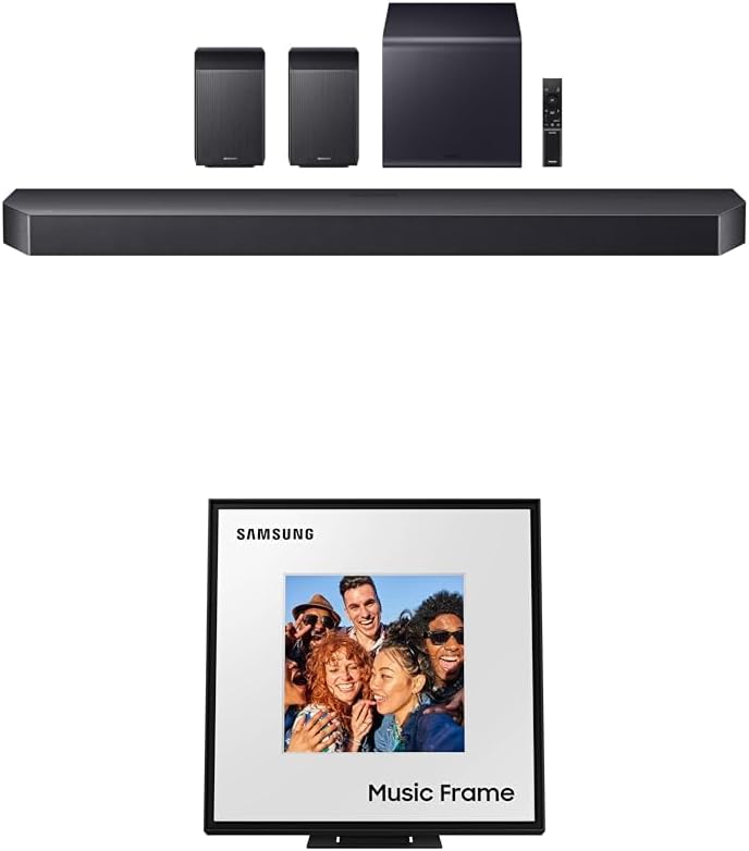 SAMSUNG Q990F 11.1.4ch Q Series Subwoofer + Rear Speaker, Wireless Dolby Atmos, (HW-Q990F, 2025) w/SAMSUNG LS60D Music Frame Smart Speaker with Dolby Atmos Audio, Q-Symphony, HW-LS60D/ZA