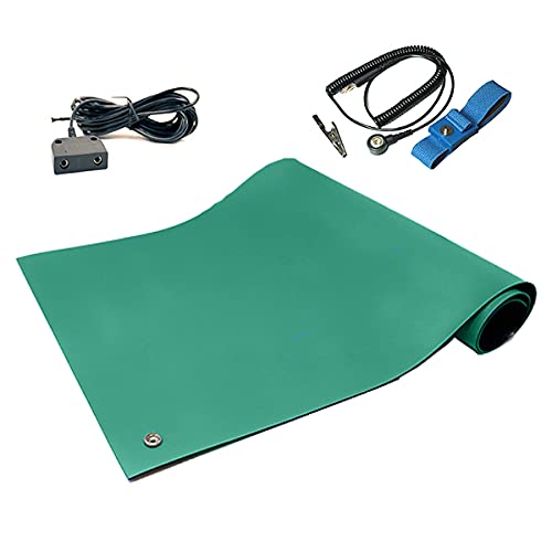 RubberStat Dual Layer ESD Compliant Workstation Rubber Table Mat Kit, Soldering, Cell Phone Repair, with Wrist Strap Set and Ground Cord - 24"x24" Green