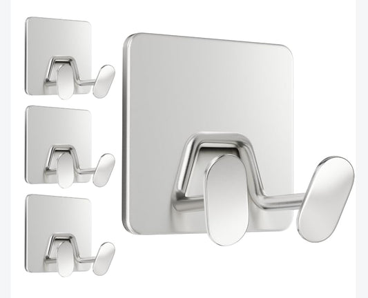Adhesive Shower Hooks for Inside - Extra Sticky Stainless, Razor Holder Shower Accessories, Wall Mounted Self-Adhesive Double Hooks for Razor, Loofah, Towel, Shaver, Coat, Key, Silver, 4-Pack
