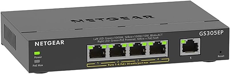 NETGEAR 5 Port PoE Gigabit Ethernet Easy Smart Managed Essentials Switch (GS305EP) - with 4 x PoE+ @ 63W, Desktop or Wall Mount