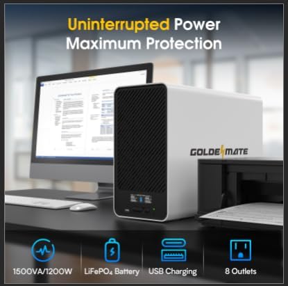 1500VA/1200W Lithium UPS Battery Backup and Surge Protector, Backup Battery Power Supply with LiFePO4 Batteries(296Wh), AVR, Line Interactive Sinewave UPS System, 8 Outlets, LCD Display