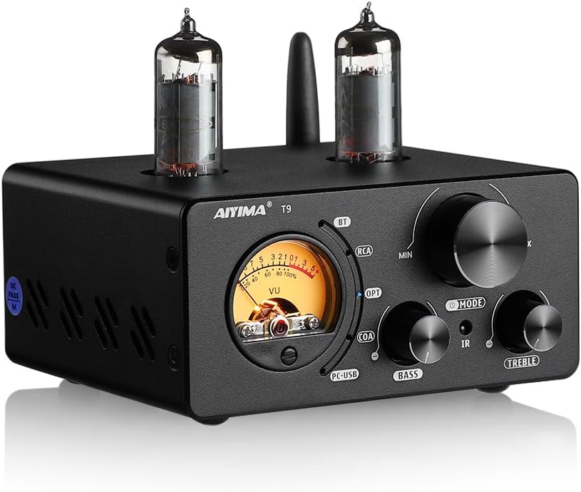 AIYIMA T9 100W*2 Bluetooth Stereo Amplifier Class D Amp 2.0/2.1 Channel Tube Power Amp with PC-USB DAC Coaxial Optical inputs &VU Meter & Bass Treble Tone Control for Home Stereo Speakers