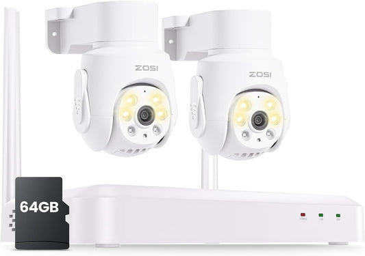 ZOSI 8 Channel 3K Wi-Fi 6 Security Camera System with 64G Memory Card for 24/7 Record, 2 x 5MP Pan Tilt WiFi Camera with Auto Tracking, Color Night Vision, Plug-in, AI Person Detect, 2-Way Audio