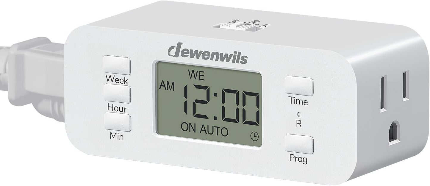 DEWENWILS 7 Day Heavy Duty Timers for Electrical Outlets, Dual Outlet Digital Timer, 3 Prong Programmable Light Timer for Indoor Lamp, Light, Fan, Pets, Home, Kitchen, Office, 125V 60Hz, 1 Pack