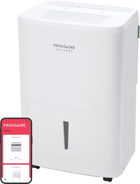 Frigidaire Gallery 2-in-1 50-Pint Portable Dehumidifier with Wi-Fi, Energy Star Certification & Air Quality Monitoring for Medium/Large Rooms & Basements, Custom Humidity Control, Auto Shut Off, White
