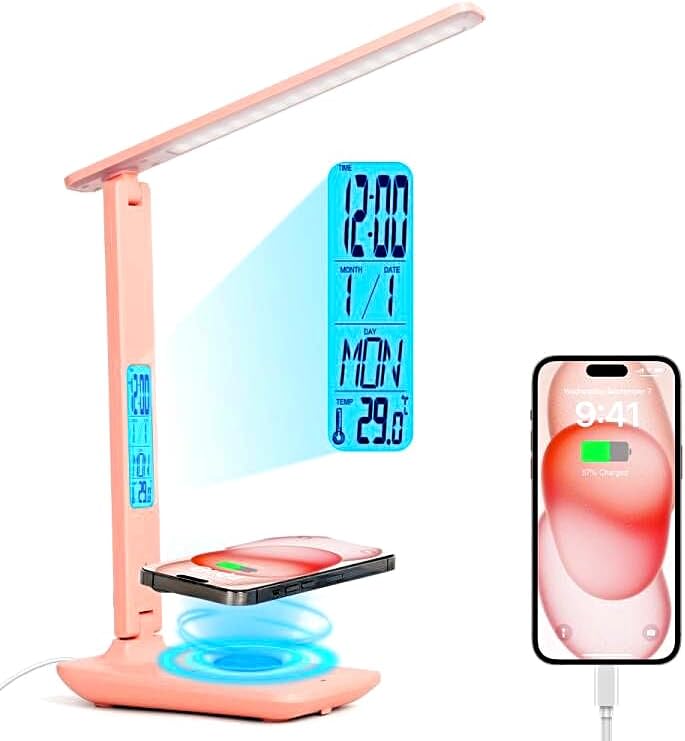 Multifunctional LED Desk Lamp with Wireless Charger,USB Charging Port,Clock,Phone Holder,Desk Lamps for Home Office,Eye-Caring Reading Lamp,Study Lamp for Boys,Girls,Teens,Pink