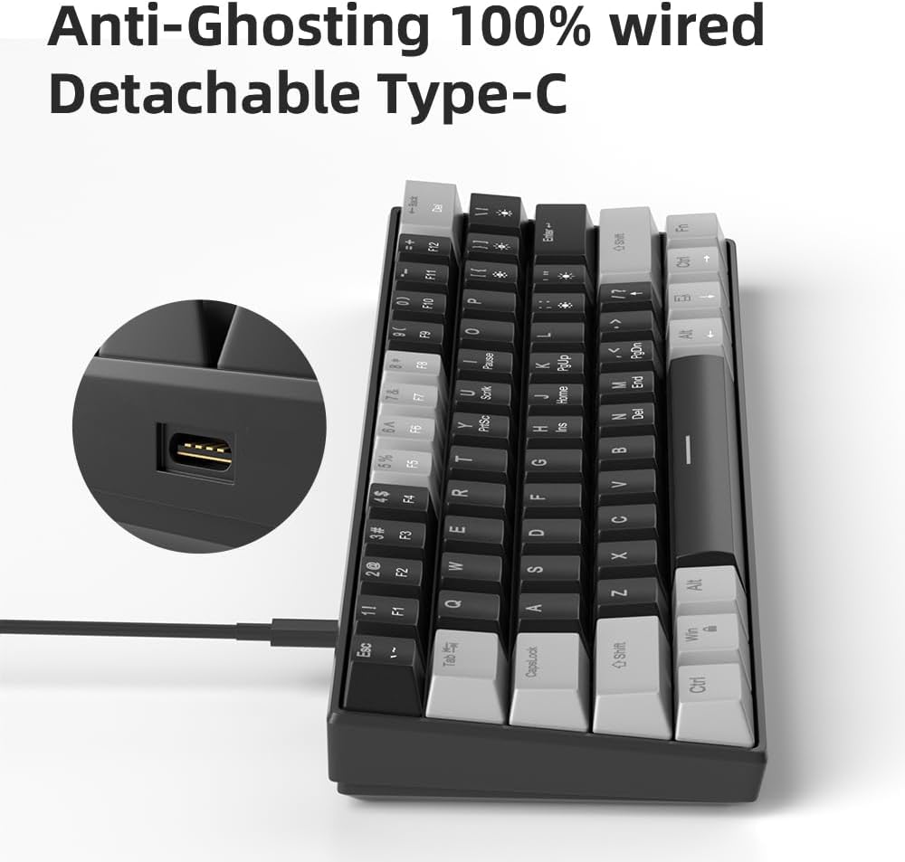 60% Mechanical Gaming Keyboard,Mixed Color Keycaps Gaming Keyboard with Linear Red Switches, Detachable Type-C Cable Mini Keyboard with Blue LED Light for PC/Laptop