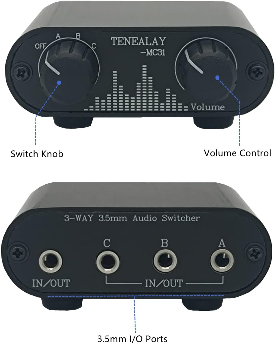 3.5mm Audio Switch with line Volume Controller, 3 in 1 Out 1/8" aux switcher Splitter selector Box, Mini Inline Headphone attenuator Volume Control knob -MC31