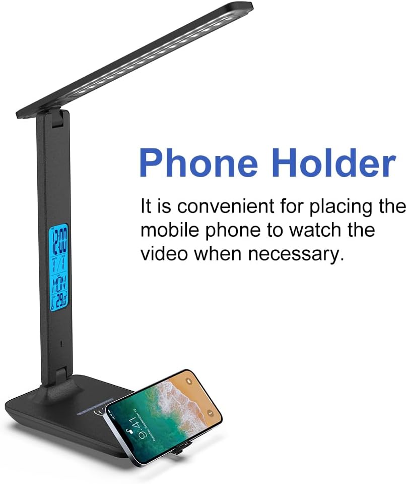 Multifunctional LED Desk Lamp with Wireless Charger,USB Charging Port,Clock,Phone Holder,Desk Lamps for Home Office,Eye-Caring Reading Lamp,Study Lamp for Boys,Girls,Teens,Black