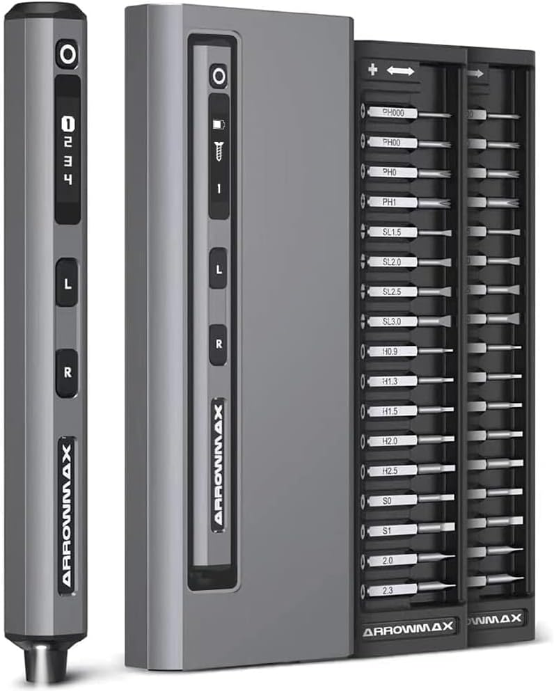 AM ARROWMAX Mini Electric Screwdriver, 4 Torque Settings Precision Screwdriver w/ 34 Magnetic Bits, Magnetic Storage, 5/32''Hex, Repair Tool Set for Phone Camera Laptop Watch (SES) Gray