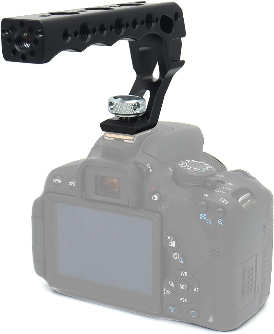 Top Handle Camera Grip with Cold Shoe Base for DSLR Camera Cage, with 3 Cold Shoe Adapters to Mount DSLR Camera with Microphone/LED Light/Monitor (Black with Cold Shoe Base)