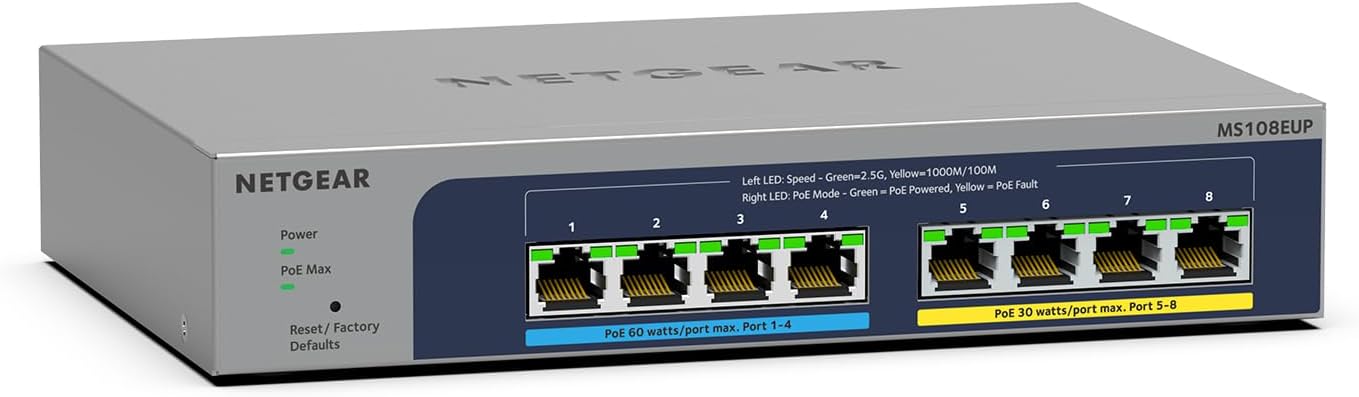 NETGEAR 8-Port Ultra60 PoE Multi-Gigabit Ethernet Easy Smart Managed Switch (MS108EUP) - Managed, with 4 x PoE++ and 4 x PoE+ @ 230W, Desktop or Wall Mount, and Limited Lifetime Protection