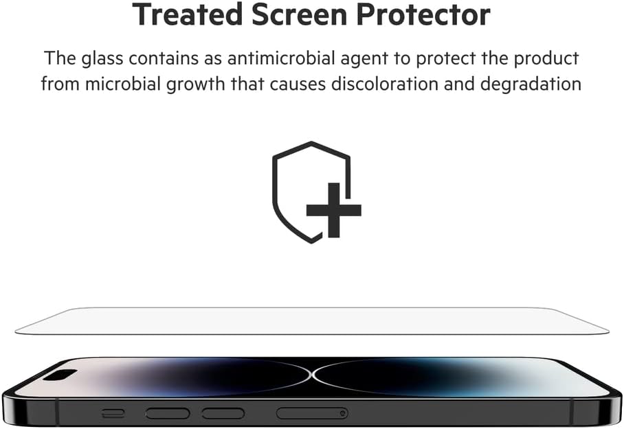 Belkin TemperedGlass iPhone 14 Pro Max Screen Protector - iPhone 14 Pro Accessories - Easy Application With Installation Guide Tray - Tempered Glass Antimicrobial Screen Protector - 9H Hardness Tested