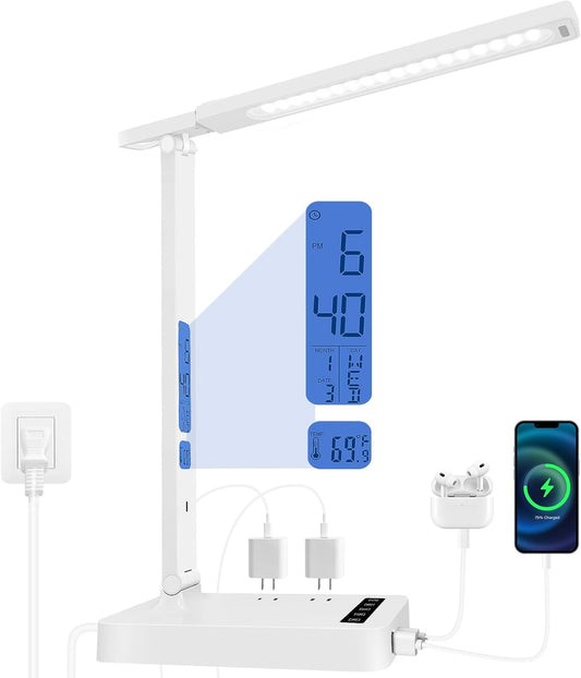 karidi Smart Desk Lamp with Digital Clock, 4-in-1 Charging Station (2 AC Outlets, Type-C, USB-A Ports), Temperature Display, 5 Color & Brightness Settings, Ideal for Offices & Bedrooms