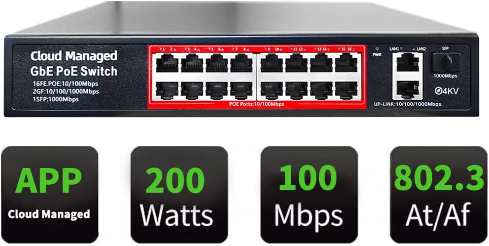 Poe Switch, 16 Port PoE+ Switch, Cloud Managed 10/100Mbps Ethernet Switch, 16 Poe Ports @200W, 2 Gigabit Uplink Ports, 1*SFP Slot, APP Smart Managed, Overload Protection w/ Port, Plug and Play
