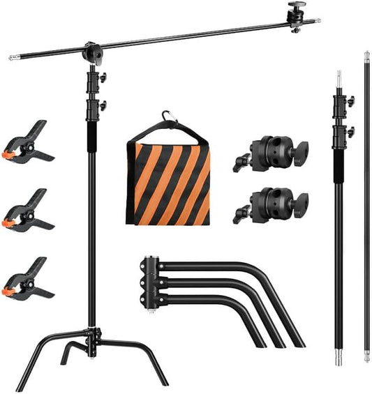 Soonpho Heavy Duty C Stand with Boom Arm,Black Stainless Steel Tripod Base Adjustable Photography Light Stand with Grip Head/Sand Bag for Lighting,Overhead Shooting,Reflector,Softbox,Umbrella...