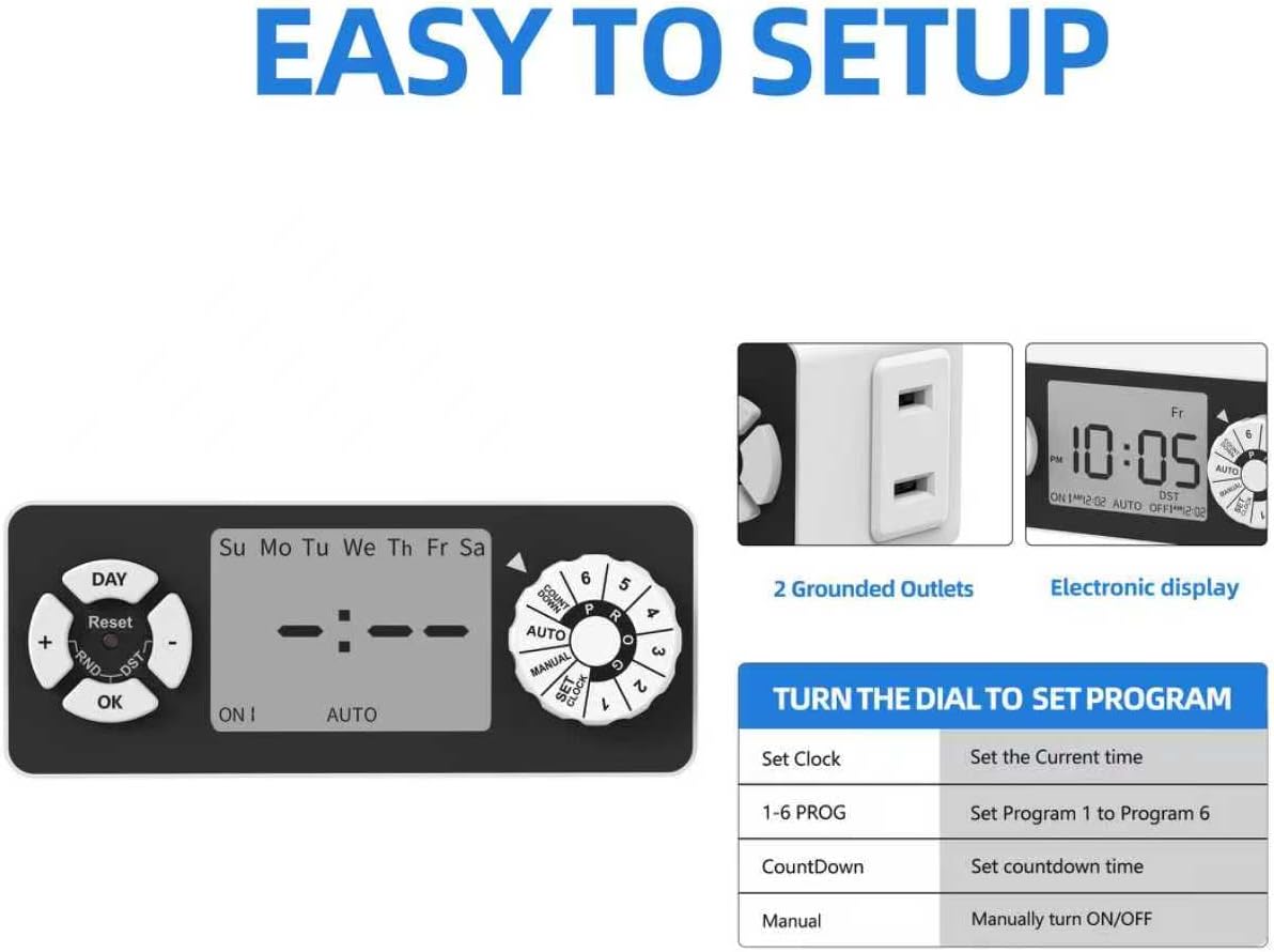 TiFFCOFiO New Digital Timer Outlet, Dial Programmable Method, Indoor Plug in Light Timer, 2 Polarized Electrical Outlets for Lamps, 6 Sets of Programs, 15A/1875W