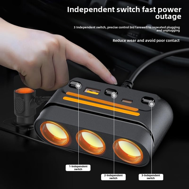 3 - in - 1 Cigarette Lighter Adapter with PD/QC Fast Charging, Independent Switches Car Charger, RGB LED Indicator Lights - Universal Cigarette Lighter USB Charger for Cars, SUVs