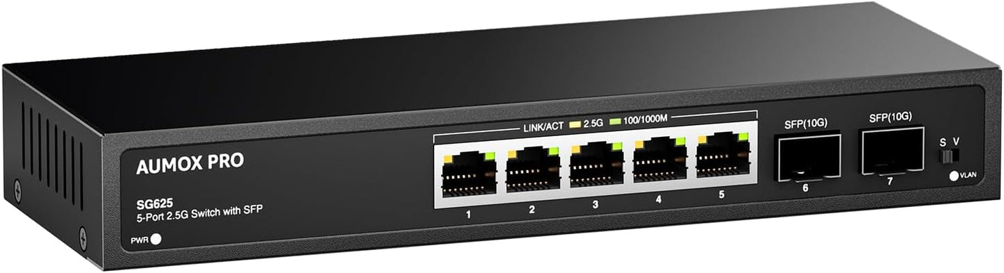 7 Port 2.5Gb Unmanaged Ethernet Switch with 5* 2.5G Base-T Ports, 2*10G SFP Ports, AUMOX PRO 65 Gbps Vlan Switching Capacity Compatible with 100/1000/2500Mbps Plug and Play