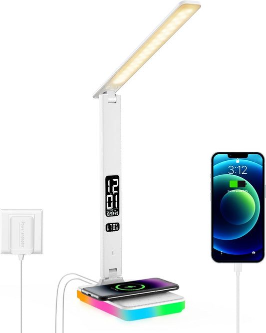 LED Desk Lamp for Home Office, USB Charging Port, Reading Lamp Desk Light with 5 Brightness, 3 Colors, Table Lamp with Clock, Alarm, Date, Temperature, Desk Lamp for College Dorm Room (White)