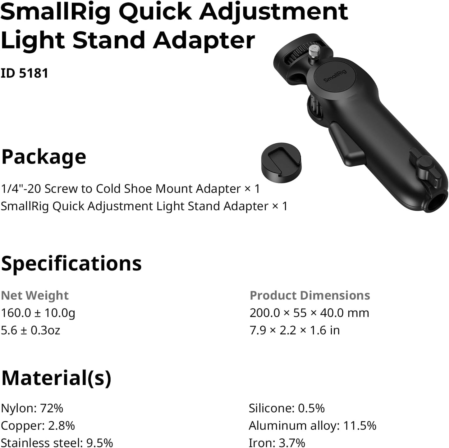 SmallRig Quick Adjustment Light Stand Adapter, One-Button 180° Pitch Adjustment, 3kg Load Capacity, for COB Video Light/Camera/Phone Clips, for On-Camera Flash, 5181