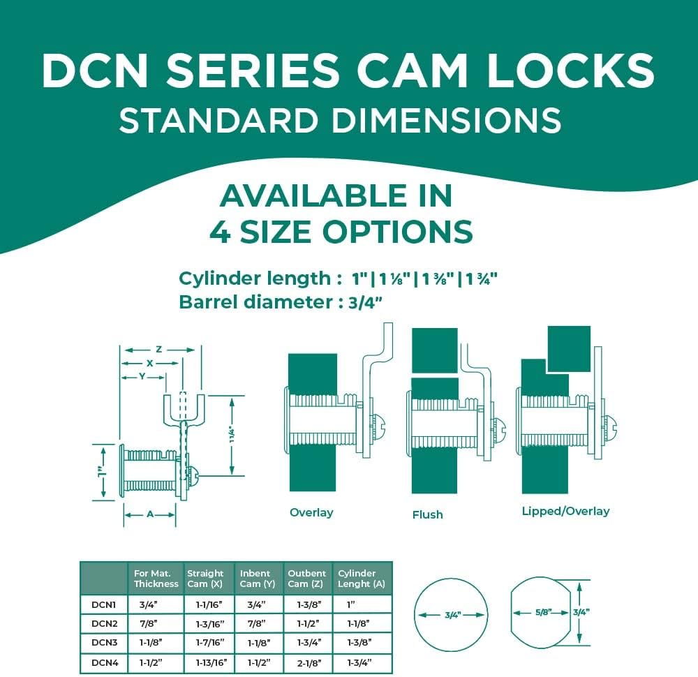 Olympus Lock DCN2 Rekeyable Cam Locks | 1-1/8" Cylinder 915 Key Lock, Keyed Alike | Grade 1 Lock | US26D Chrome Cabinet Locks | Reversible Lock for Doors & Drawers