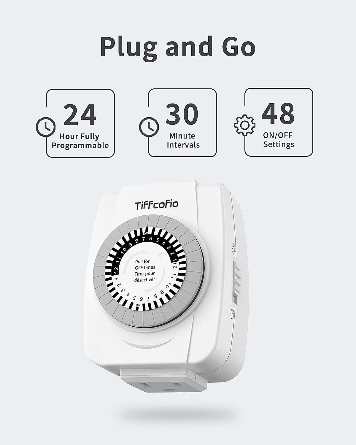 TiFFCOFiO Indoor Mechanical Outlet Timer, 3 Prong Timers for Electrical Outlets, 24-Hour Programmable Plug in Light Timer, ETL Listed (1 Pack)