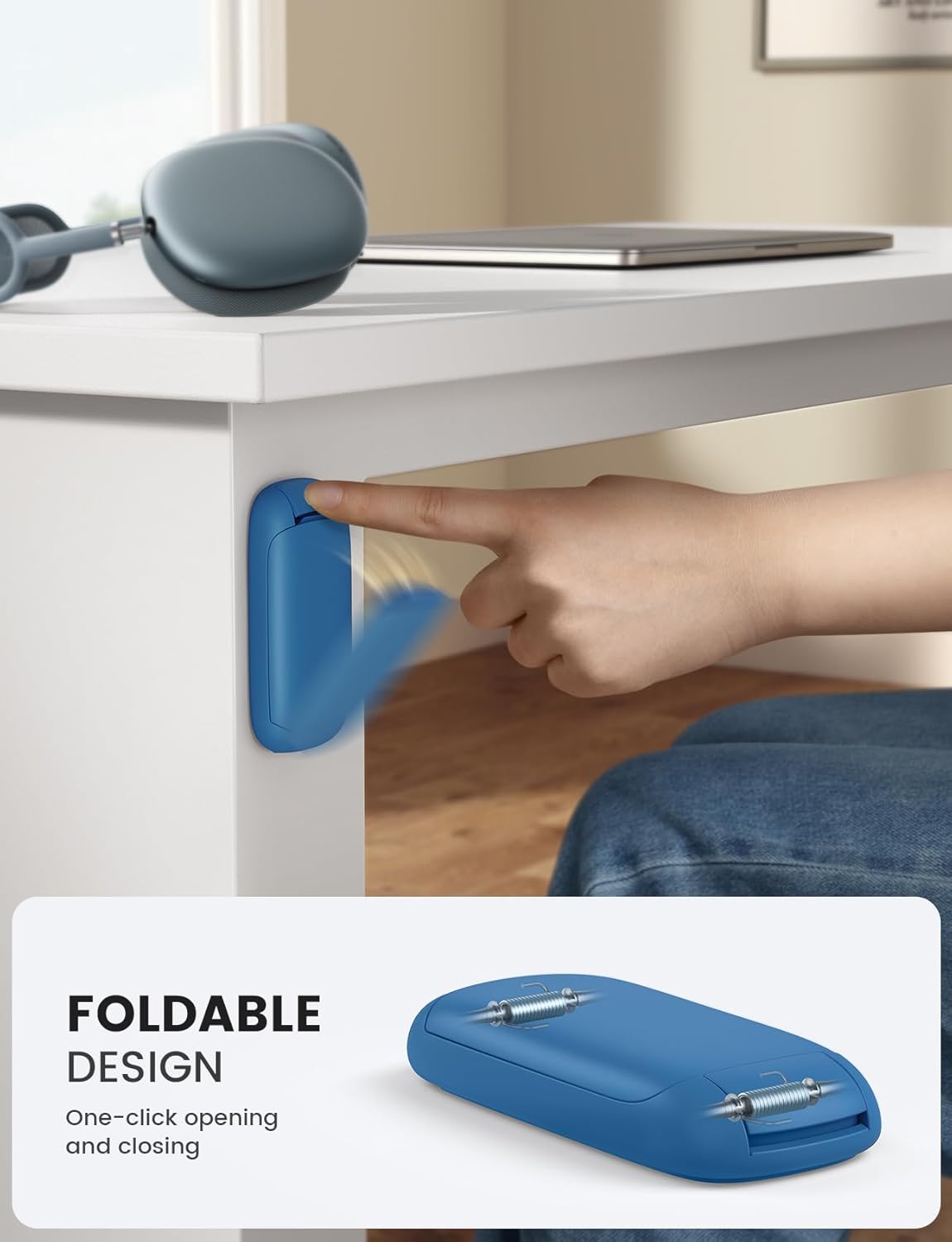 Lamicall Headphone Stand, Sticky Headset Holder - Foldable Headphone Holder Hook Mount, Adhesive Headset Hanger Clip Under Desk, Earphone Clamp for Airpods Max, HyperX, Sennheiser, Blue