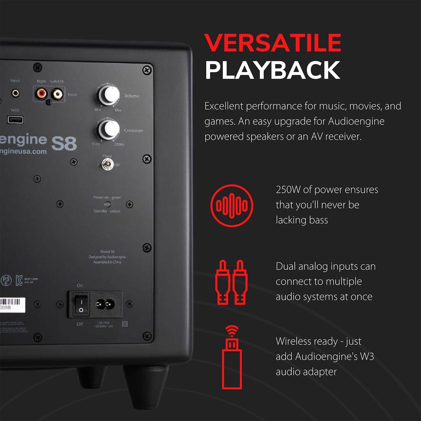 Audioengine S8 Powered Subwoofer Speaker - 250W 8-inch Home Woofer with Built-in Amplifier and Dual Audio Inputs for Home Audio