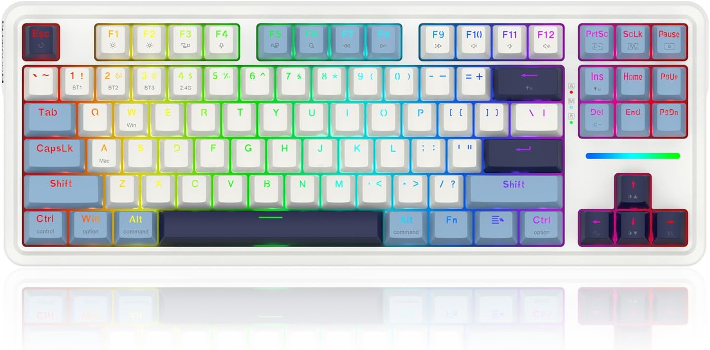 Redragon K728 PRO 80% Wireless Gasket RGB Gaming Keyboard, 3-Mode 87 Keys TKL Mechanical Keyboard w/Hot-Swap Socket, Mixed Color Keycaps & 5-Layer Noise Dampening, Custom Linear Switch