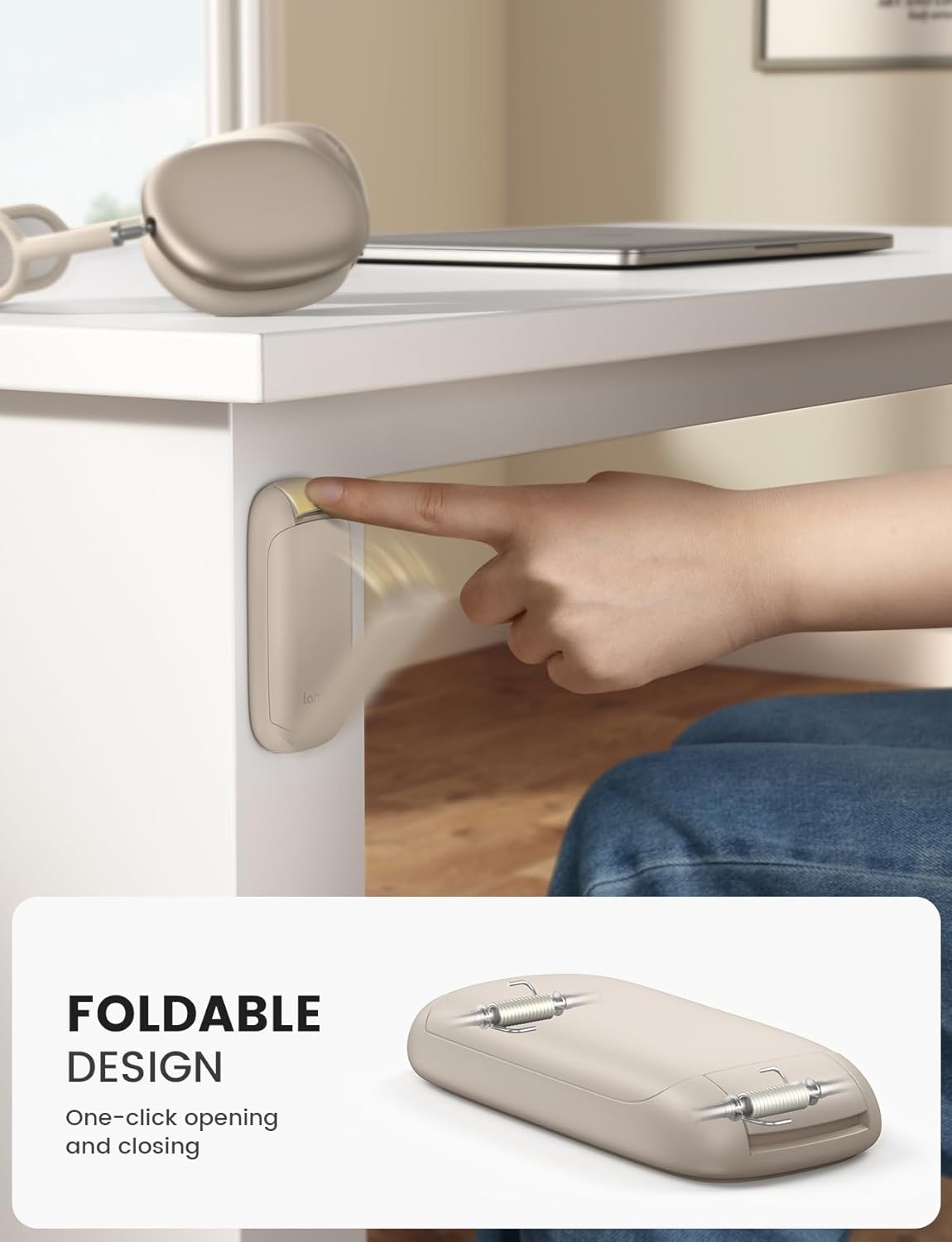 Lamicall Headphone Stand, Sticky Headset Holder - Foldable Headphone Holder Hook Mount, Adhesive Headset Hanger Clip Under Desk, Earphone Clamp for Airpods Max, HyperX, Sennheiser, Khaki