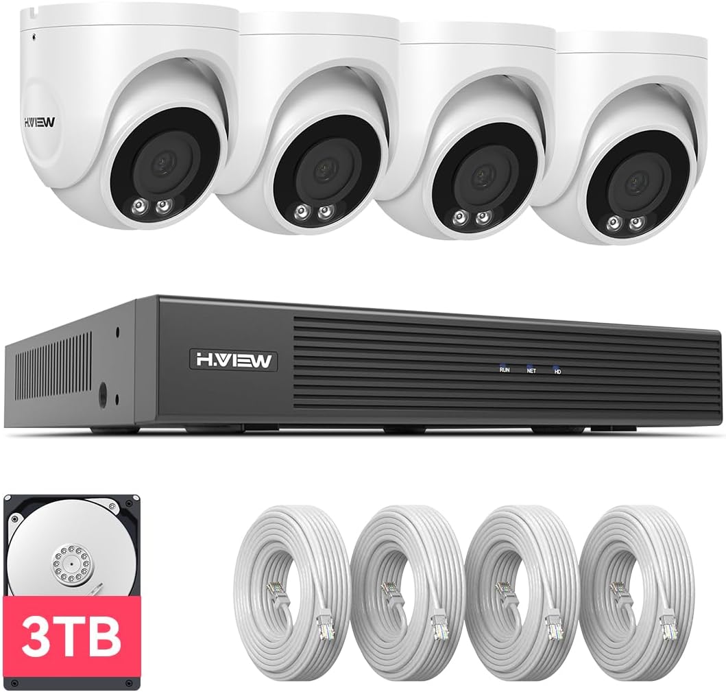 H.VIEW 4K Security Camera System, 4pcs H.265 PoE Wired Turret Cameras with Person Detection, 4K/8MP 8CH NVR with 3TB HDD for 24-7 Recording,Trigger Color Night Vision, Email Alert, AI Human