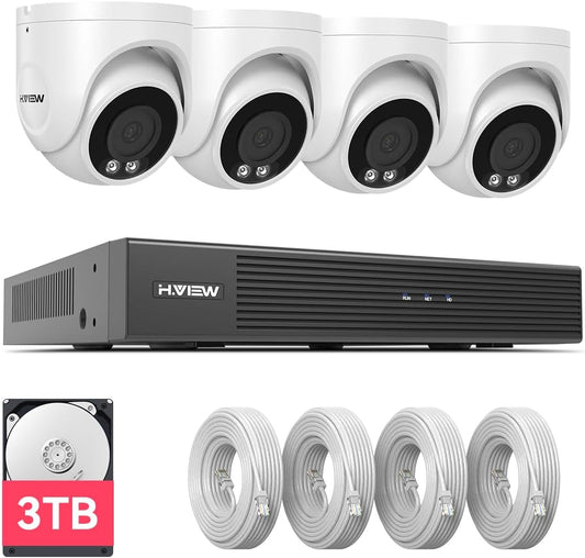 H.VIEW 4K Security Camera System, 4pcs H.265 PoE Wired Turret Cameras with Person Detection, 4K/8MP 8CH NVR with 3TB HDD for 24-7 Recording,Trigger Color Night Vision, Email Alert, AI Human