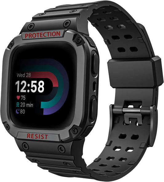 FINTIE Bands with Case Compatible with Fitbit Versa 4/3/2/1/Versa Lite/Fitbit Sense 2/Sense, Protective Case Strap Rugged Sport Band Men, Black