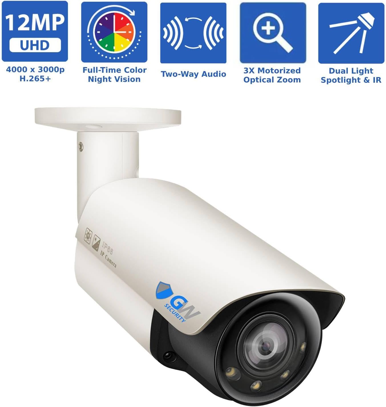 GW Security 64 Channel UltraHD 12MP 6K @ 30FPS Realtime 3X Motorized Zoom PoE Security Camera System with 32 x 12MP IP Two-Way Audio Full-Time Color Night Vision Outdoor/Indoor Smart AI Bullet Cameras