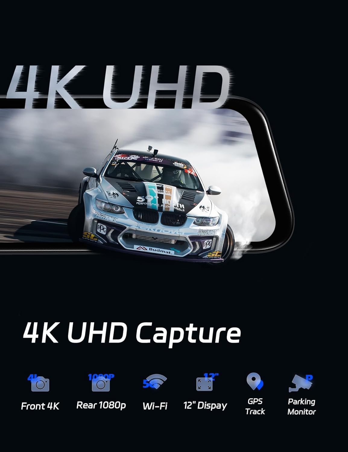 Pelsee P12 Plus 4K Rear View Mirror Camera with ADAS and BSD, 5.8GHz WiFi Mirror Dash Cam Front and Rear, Backup Camera for Car, GPS, 64GB Card Included, WDR Night Vision, Voice Control, 12" Display