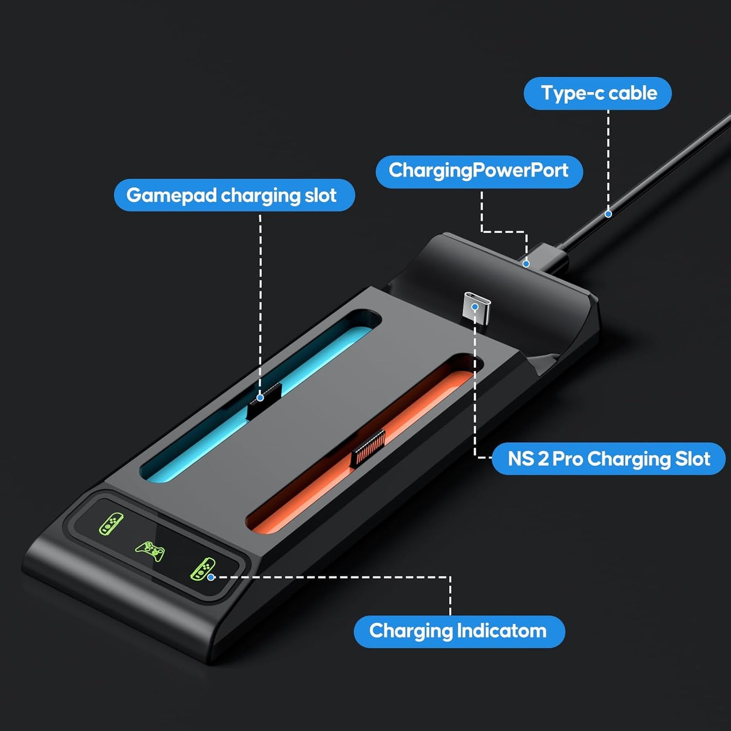3 in 1 Controller Charger for Nintendo Switch 2 JoyCon/Pro, Charging Dock with Type-C Port and LED Charging Indicator, 2.5H Fast Charging Space-Saving Storage Stand for Switch 2 Accessories