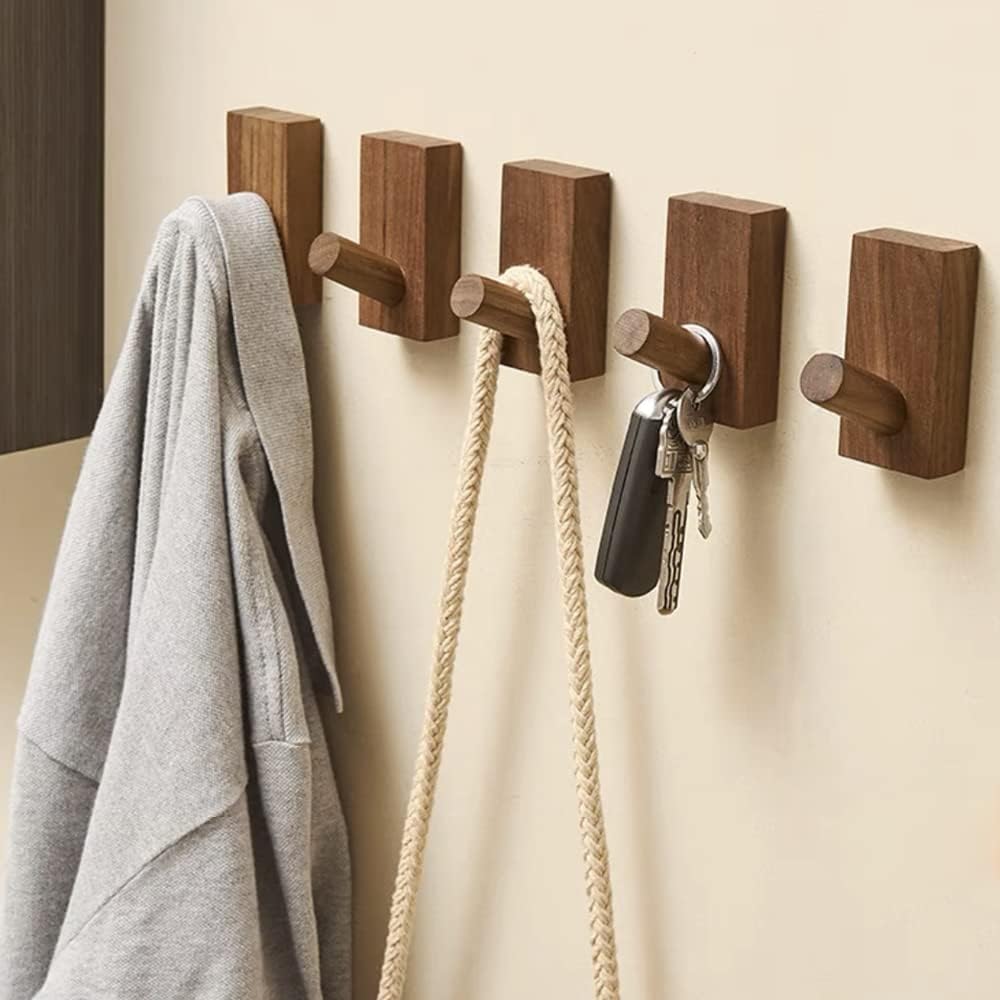 HomeDo 4Pack Adhesive Wall Hooks Hat Rack, Wooden Coat Hooks Wall Mounted, Decorative Hooks Single Organizer Hat Hanger Towel Rack, Heavy Duty Hooks (Rectangle-Walunt,4Pack)