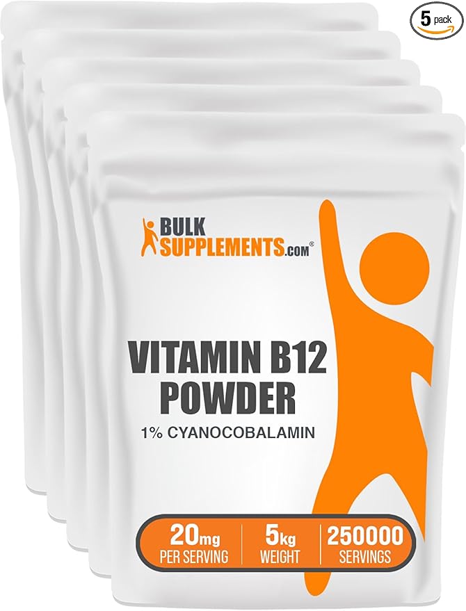 BulkSupplements.com Vitamin B12 Powder - as Cyanocobalamin, Vitamin B Supplement, Essential Vitamin - Gluten Free, 20mg per Serving, 5kg (11 lbs) (Pack of 5)